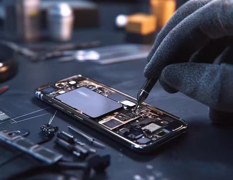 A student fixing a mobile phone fault during hands-on training in a mobile repairing course in Noida.